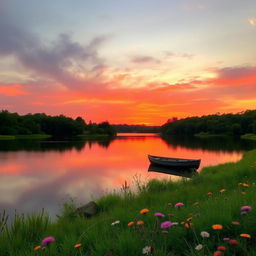 A serene landscape at sunset featuring a tranquil lake surrounded by lush greenery
