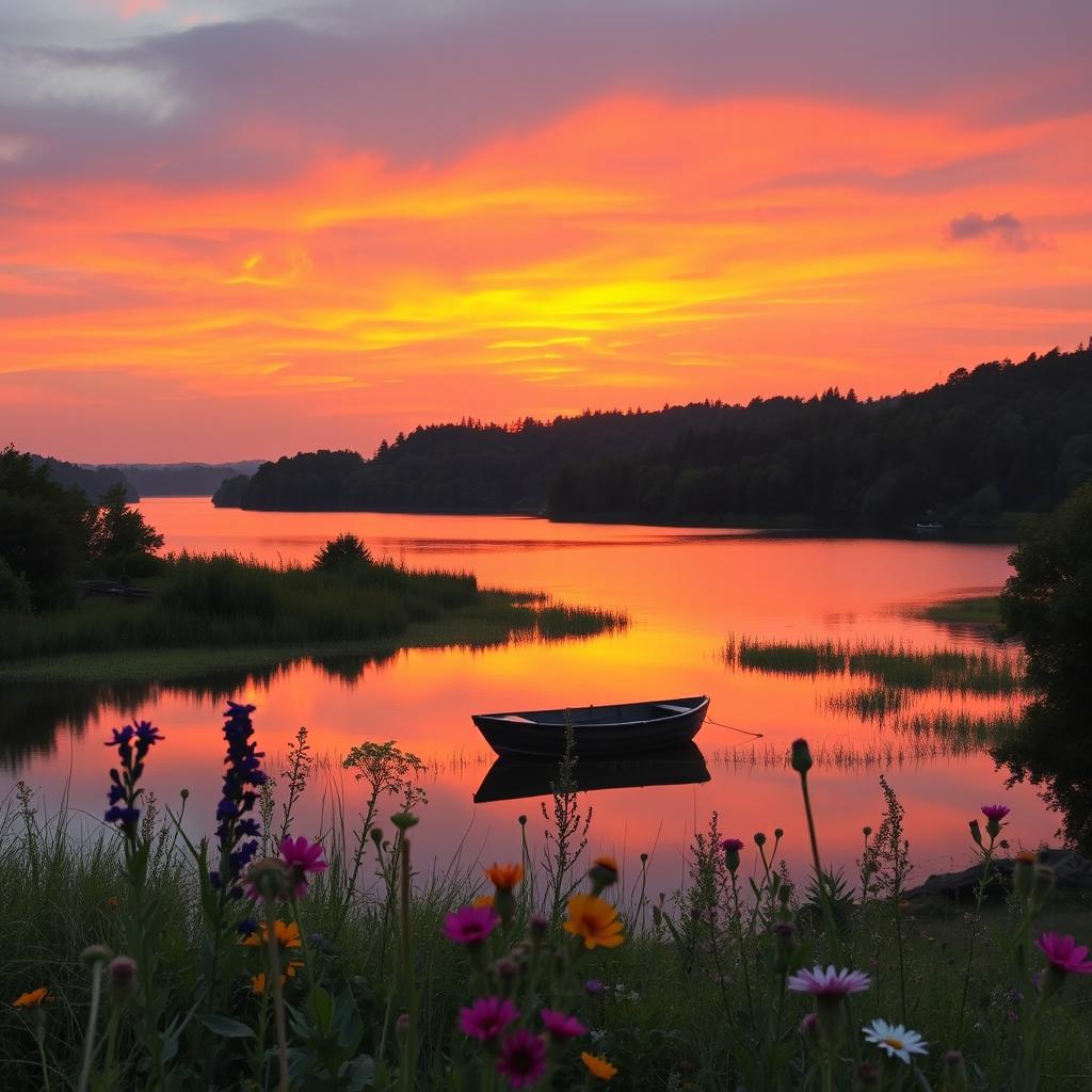 A serene landscape at sunset featuring a tranquil lake surrounded by lush greenery