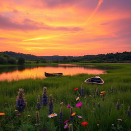 A serene landscape at sunset featuring a tranquil lake surrounded by lush greenery