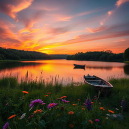 A serene landscape at sunset featuring a tranquil lake surrounded by lush greenery