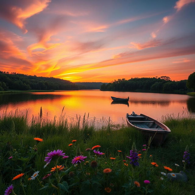 A serene landscape at sunset featuring a tranquil lake surrounded by lush greenery