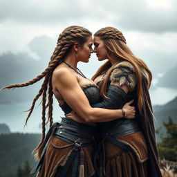 A captivating scene featuring two Viking women with big breasts, showcasing their powerful and strong physiques