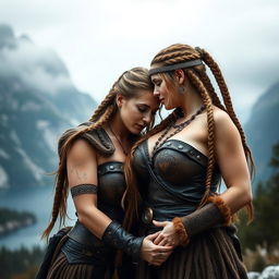 A captivating scene featuring two Viking women with big breasts, showcasing their powerful and strong physiques