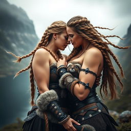 A captivating scene featuring two Viking women with big breasts, showcasing their powerful and strong physiques