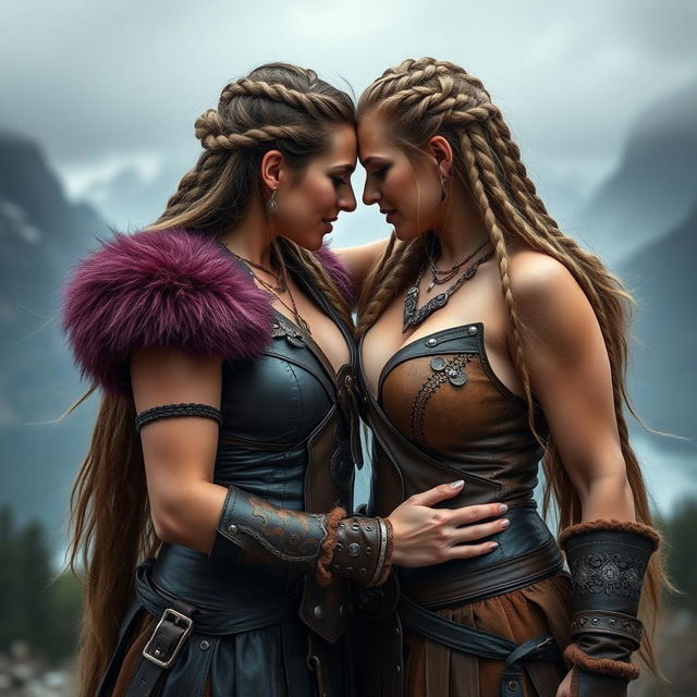 A captivating scene featuring two Viking women with big breasts, showcasing their powerful and strong physiques