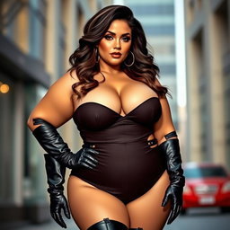 A curvy woman with a confident pose, showcasing her voluptuous figure, featuring large breasts and wearing stylish, long black boots