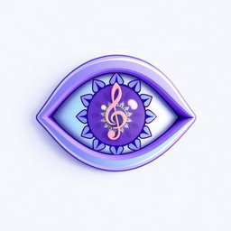 A 3D cartoon style logo featuring a human eye at the center, intricately designed with a mandala pattern inside, combined with a clef symbol also nestled within the eye's design