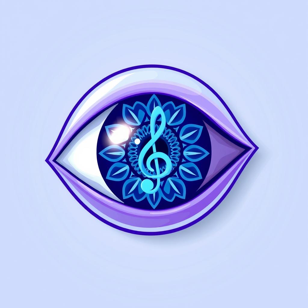 A 3D cartoon style logo featuring a human eye at the center, intricately designed with a mandala pattern inside, combined with a clef symbol also nestled within the eye's design