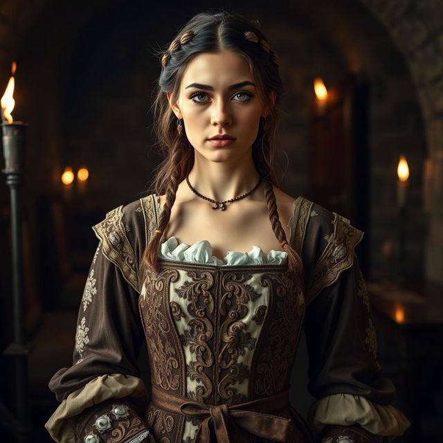 A dramatic yet artistic representation of a medieval scene, featuring a young woman dressed in an intricate, historically accurate medieval gown with elaborate detailing