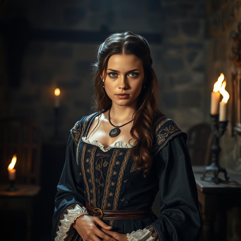 A dramatic yet artistic representation of a medieval scene, featuring a young woman dressed in an intricate, historically accurate medieval gown with elaborate detailing