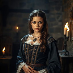 A dramatic yet artistic representation of a medieval scene, featuring a young woman dressed in an intricate, historically accurate medieval gown with elaborate detailing