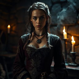 A dramatic yet artistic representation of a medieval scene, featuring a young woman dressed in an intricate, historically accurate medieval gown with elaborate detailing