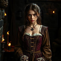 A dramatic yet artistic representation of a medieval scene, featuring a young woman dressed in an intricate, historically accurate medieval gown with elaborate detailing