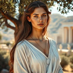 A beautiful 21-year-old blind Greek woman from ancient Greece, with long brown hair and slightly tanned white skin, wearing a traditional flowing white chiton adorned with delicate patterns