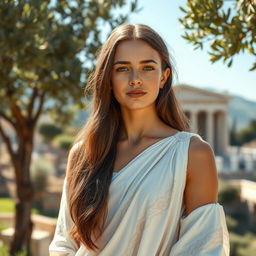 A beautiful 21-year-old blind Greek woman from ancient Greece, with long brown hair and slightly tanned white skin, wearing a traditional flowing white chiton adorned with delicate patterns