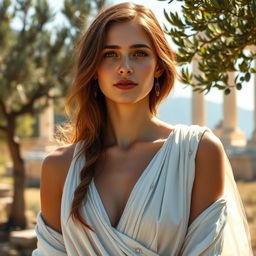 A beautiful 21-year-old blind Greek woman from ancient Greece, with long brown hair and slightly tanned white skin, wearing a traditional flowing white chiton adorned with delicate patterns