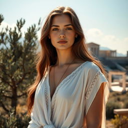 A beautiful 21-year-old blind Greek woman from ancient Greece, with long brown hair and slightly tanned white skin, wearing a traditional flowing white chiton adorned with delicate patterns