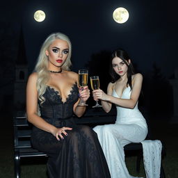 A very beautiful, curvy, white-haired girl, aged 18, wearing a tight low-cut long black lace gown