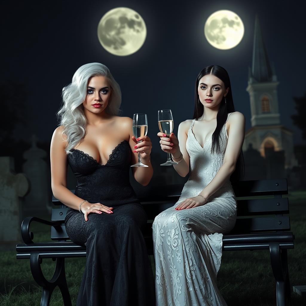 A very beautiful, curvy, white-haired girl, aged 18, wearing a tight low-cut long black lace gown