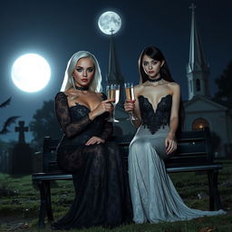 A very beautiful, curvy, white-haired girl, aged 18, wearing a tight low-cut long black lace gown