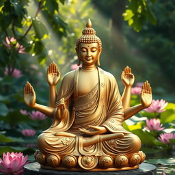 A stunning depiction of a Buddha with six hands, each hand elegantly posed in different mudras (hands gestures), showcasing a sense of serenity and wisdom