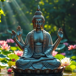 A stunning depiction of a Buddha with six hands, each hand elegantly posed in different mudras (hands gestures), showcasing a sense of serenity and wisdom