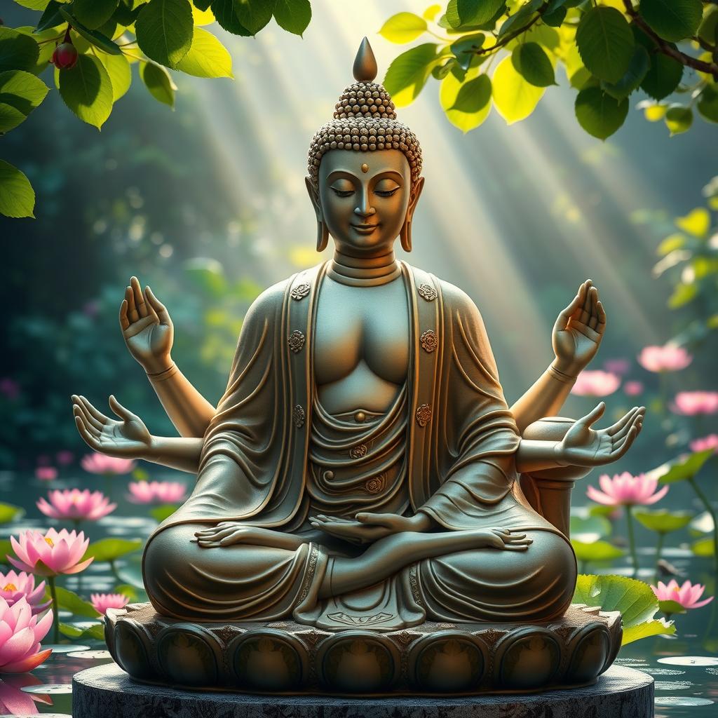 A stunning depiction of a Buddha with six hands, each hand elegantly posed in different mudras (hands gestures), showcasing a sense of serenity and wisdom