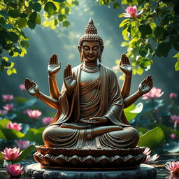 A stunning depiction of a Buddha with six hands, each hand elegantly posed in different mudras (hands gestures), showcasing a sense of serenity and wisdom
