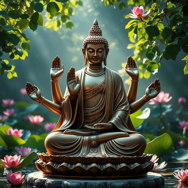 A stunning depiction of a Buddha with six hands, each hand elegantly posed in different mudras (hands gestures), showcasing a sense of serenity and wisdom