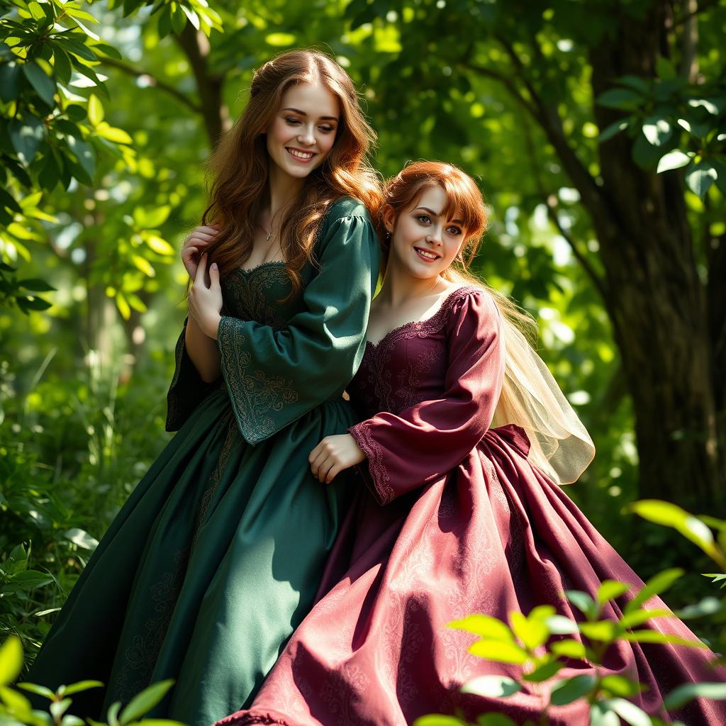 A medieval fantasy scene featuring two beautiful women in a lush, vibrant forest