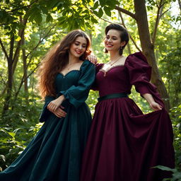 A medieval fantasy scene featuring two beautiful women in a lush, vibrant forest