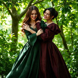 A medieval fantasy scene featuring two beautiful women in a lush, vibrant forest
