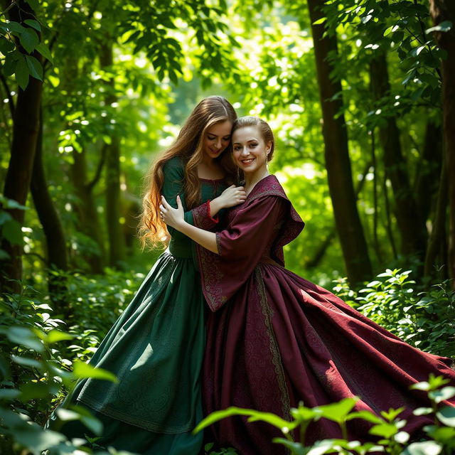 A medieval fantasy scene featuring two beautiful women in a lush, vibrant forest