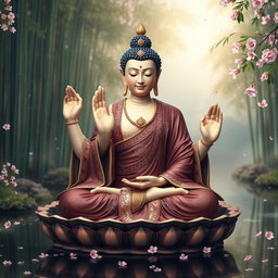 A beautifully detailed image of a Buddha with six hands, each hand gracefully displaying unique mudras that symbolize various teachings and aspects of enlightenment