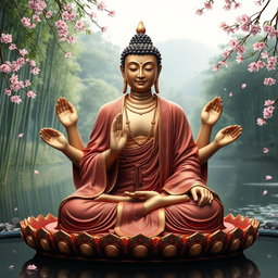 A beautifully detailed image of a Buddha with six hands, each hand gracefully displaying unique mudras that symbolize various teachings and aspects of enlightenment