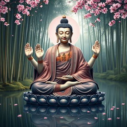 A beautifully detailed image of a Buddha with six hands, each hand gracefully displaying unique mudras that symbolize various teachings and aspects of enlightenment