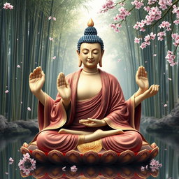 A beautifully detailed image of a Buddha with six hands, each hand gracefully displaying unique mudras that symbolize various teachings and aspects of enlightenment