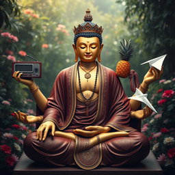 An imaginative portrayal of a Buddha with six hands, each hand holding a unique object: one hand gripping a vintage radio, another showcasing an ornate crown, a third hand holding a delicate rosary, a fourth hand gripping a vibrant pineapple, a fifth hand displaying a pair of stylish shoes, and the final hand holding a whimsical paper airplane