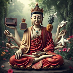 An imaginative portrayal of a Buddha with six hands, each hand holding a unique object: one hand gripping a vintage radio, another showcasing an ornate crown, a third hand holding a delicate rosary, a fourth hand gripping a vibrant pineapple, a fifth hand displaying a pair of stylish shoes, and the final hand holding a whimsical paper airplane