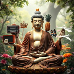 An imaginative portrayal of a Buddha with six hands, each hand holding a unique object: one hand gripping a vintage radio, another showcasing an ornate crown, a third hand holding a delicate rosary, a fourth hand gripping a vibrant pineapple, a fifth hand displaying a pair of stylish shoes, and the final hand holding a whimsical paper airplane
