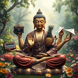 An imaginative portrayal of a Buddha with six hands, each hand holding a unique object: one hand gripping a vintage radio, another showcasing an ornate crown, a third hand holding a delicate rosary, a fourth hand gripping a vibrant pineapple, a fifth hand displaying a pair of stylish shoes, and the final hand holding a whimsical paper airplane