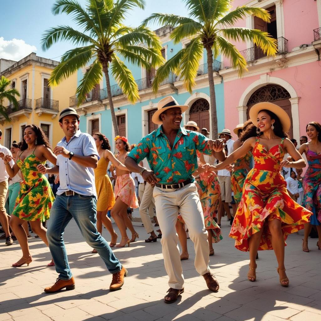 A lively celebration of Cuban dancing on a sunlit summer day in a vibrant outdoor plaza