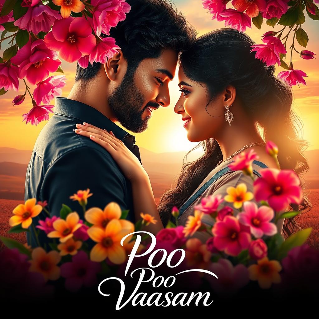 A romantic movie poster for 'Poo Vaasam', depicting two deeply in love characters surrounded by vibrant flowers symbolizing emotions and connection