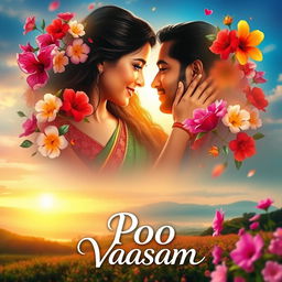 A romantic movie poster for 'Poo Vaasam', depicting two deeply in love characters surrounded by vibrant flowers symbolizing emotions and connection