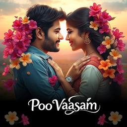 A romantic movie poster for 'Poo Vaasam', depicting two deeply in love characters surrounded by vibrant flowers symbolizing emotions and connection