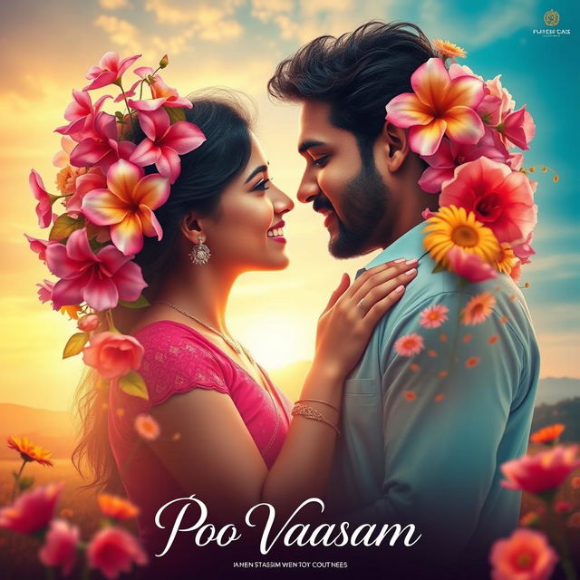 A romantic movie poster for 'Poo Vaasam', depicting two deeply in love characters surrounded by vibrant flowers symbolizing emotions and connection