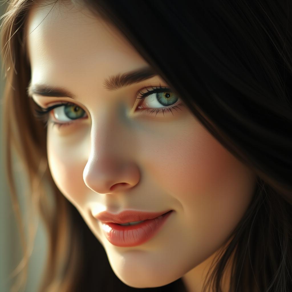 A close-up portrait of a woman's face with an ethereal and captivating beauty