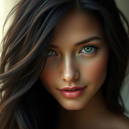 A close-up portrait of a woman's face with an ethereal and captivating beauty