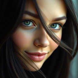 A close-up portrait of a woman's face with an ethereal and captivating beauty