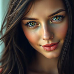 A close-up portrait of a woman's face with an ethereal and captivating beauty